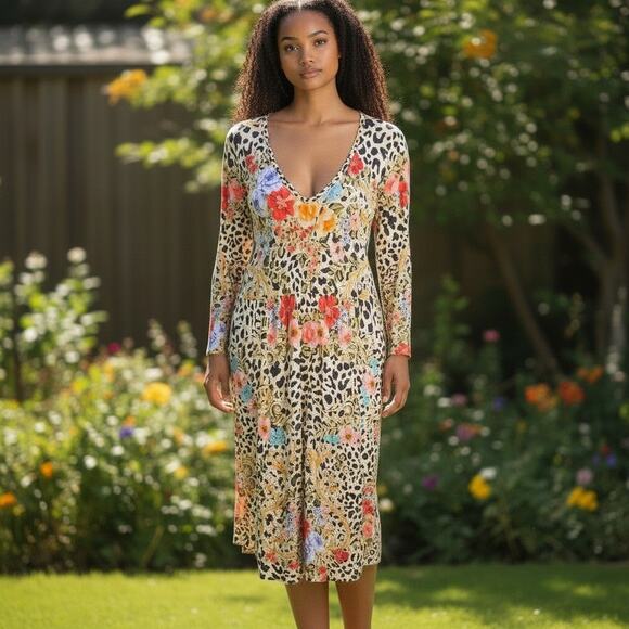 Johnny Was Dresses & Skirts - Johnny Was Tiered Boho Chic Midi Dress Animal Floral Print Sz L 3/4 Sleeves